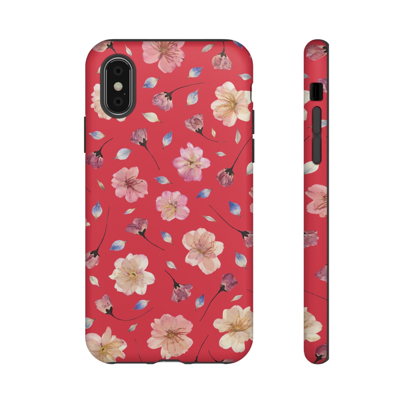 Coque Téléphone Samsung, iPhone & Google Pixel Renforcée Mate – Design Floral Fleurs de Cerisier sur Fond Rouge Féminin | Protection Antichoc | Idée Cadeau Femme