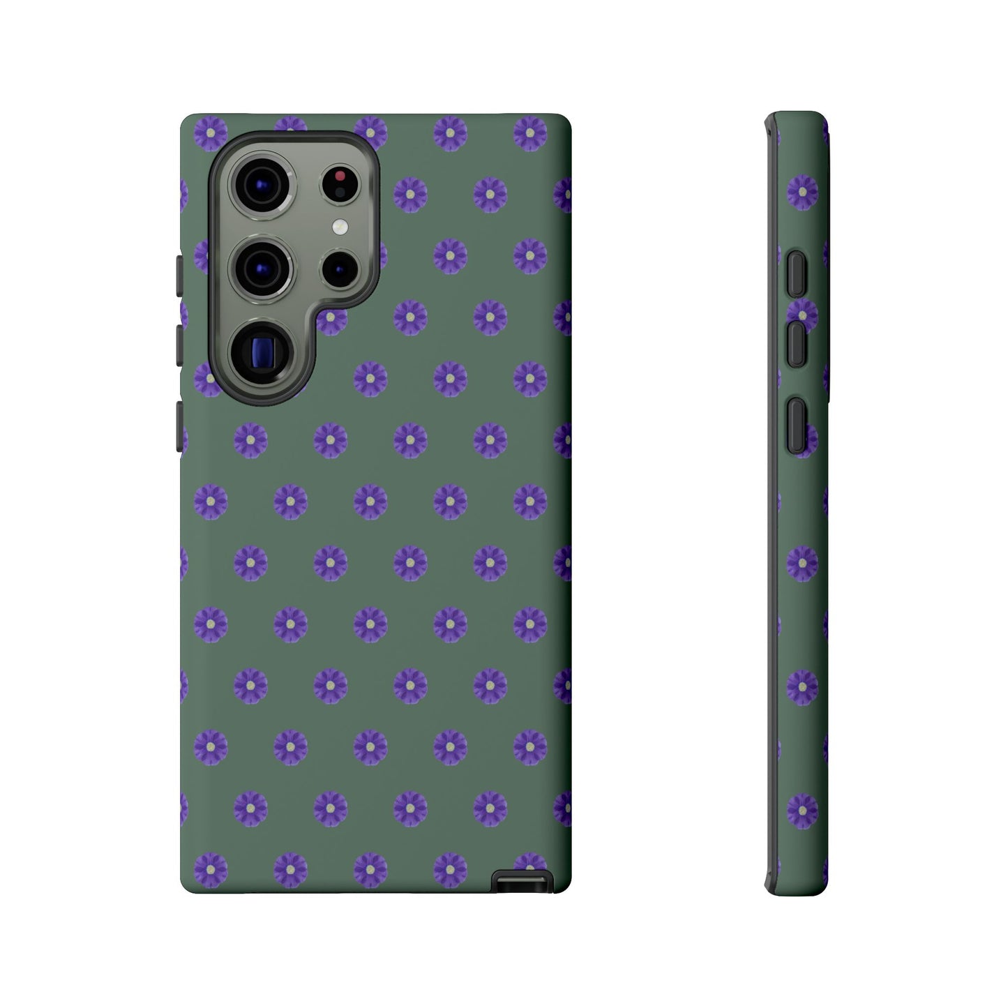 Coque Téléphone Samsung, iPhone & Google Pixel Renforcée Mate – Design Floral Epuré Fleurs de Primevère sur Fond Vert Minéral | Protection Antichoc | Idée Cadeau Femme
