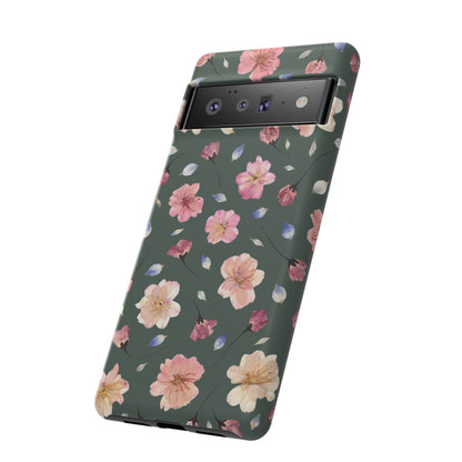 Coque Téléphone Samsung, iPhone & Google Pixel Renforcée Mate – Design Floral Fleurs de Cerisier sur Fond Verte Minéral | Protection Antichoc | Idée Cadeau Femme