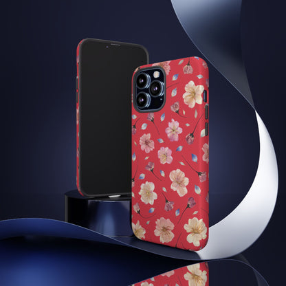 Coque Téléphone Samsung, iPhone & Google Pixel Renforcée Mate – Design Floral Fleurs de Cerisier sur Fond Rouge Féminin | Protection Antichoc | Idée Cadeau Femme