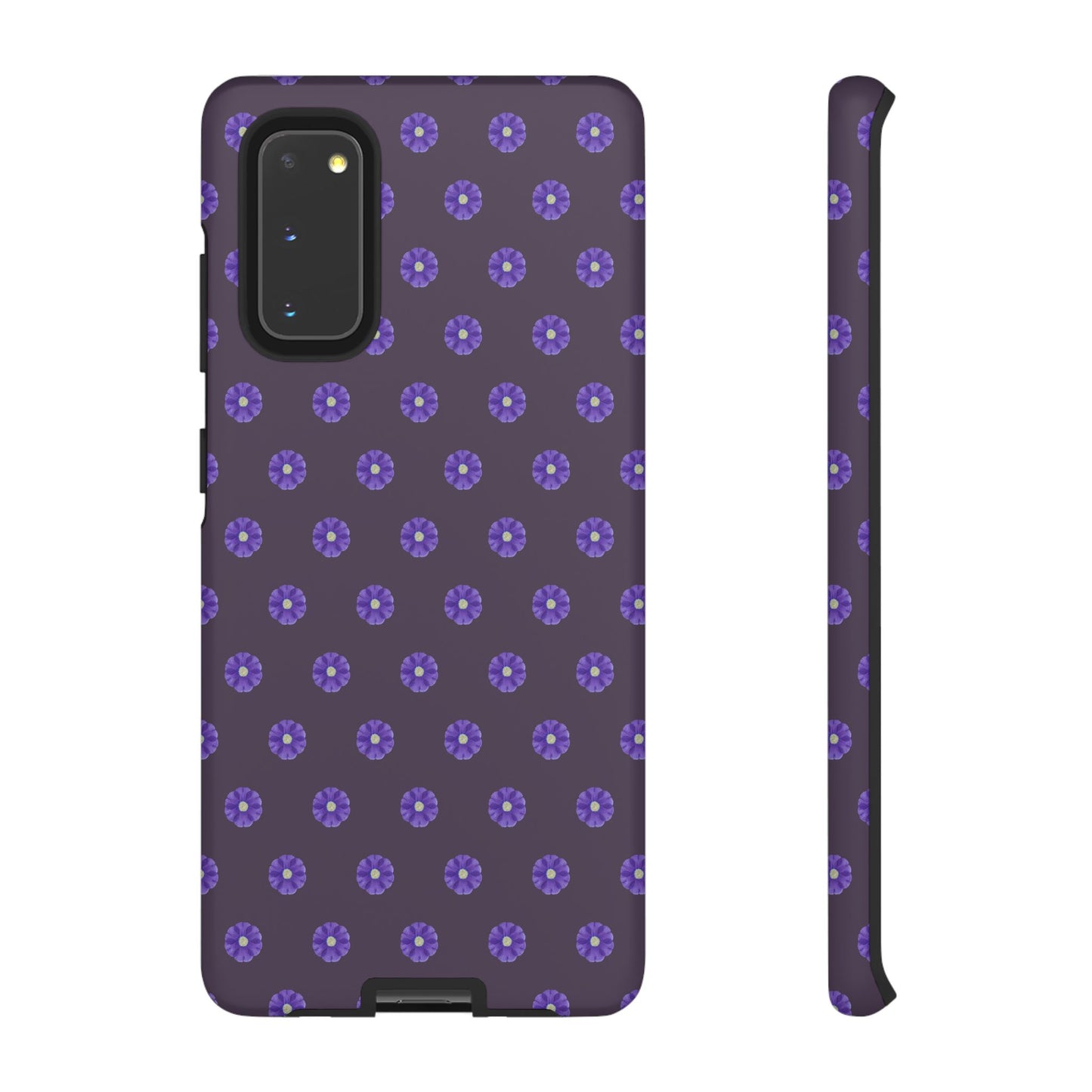 Coque Téléphone Samsung, iPhone & Google Pixel Renforcée Mate – Design Floral Epuré Fleurs de Primevère sur Fond Couleur Prune| Protection Antichoc | Idée Cadeau Femme