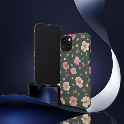 Coque Téléphone Samsung, iPhone & Google Pixel Renforcée Mate – Design Floral Fleurs de Cerisier sur Fond Verte Minéral | Protection Antichoc | Idée Cadeau Femme