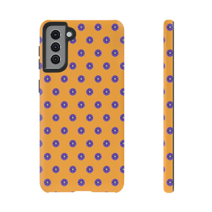 Coque Téléphone Samsung, iPhone & Google Pixel Renforcée Mate – Design Botanique Epuré Fleurs de Primevère sur Fond Ambre | Protection Antichoc | Idée Cadeau Femme