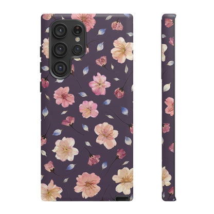 Coque Téléphone Samsung, iPhone & Google Pixel Renforcée Mate – Design Floral Fleurs de Cerisier sur Fond Couleur Prune | Protection Antichoc | Idée Cadeau Femme