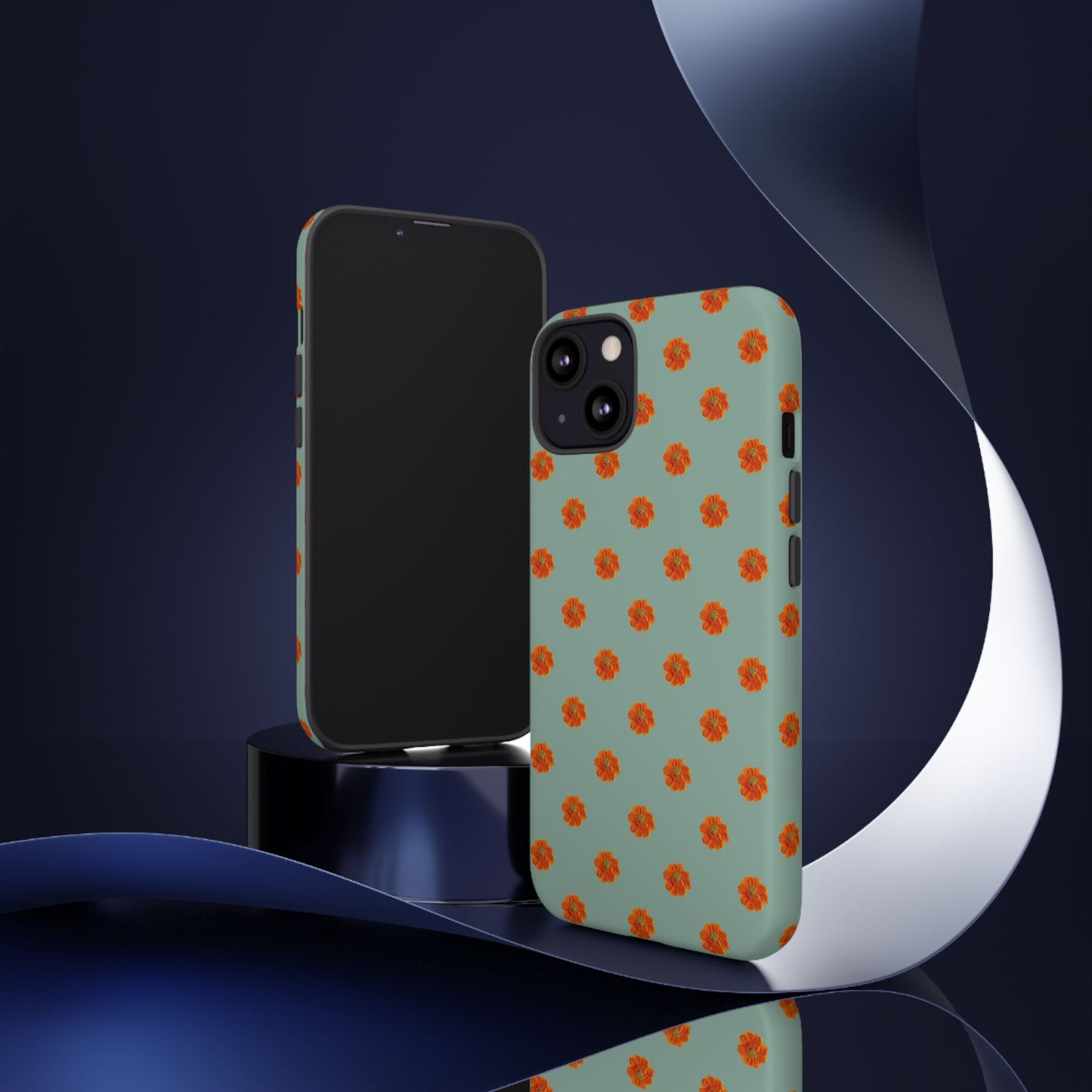 Coque Téléphone Samsung, iPhone & Google Pixel Renforcée Mate – Design Floral Epuré Fleurs de Cosmos Orange sur Fond Vert Eucalyptus | Protection Antichoc | Idée Cadeau Femme