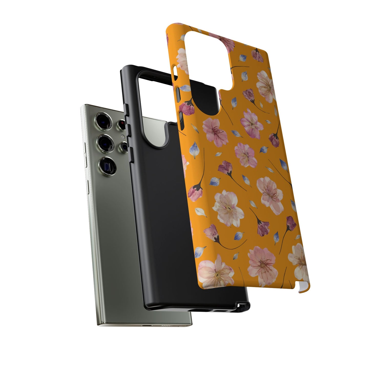 Coque Téléphone Samsung, iPhone & Google Pixel Renforcée Mate – Design Floral Fleurs de Cerisier sur Fond Couleur Curcuma| Protection Antichoc | Idée Cadeau Femme