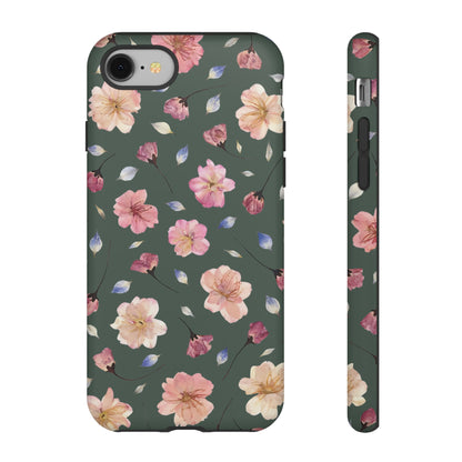 Coque Téléphone Samsung, iPhone & Google Pixel Renforcée Mate – Design Floral Fleurs de Cerisier sur Fond Verte Minéral | Protection Antichoc | Idée Cadeau Femme