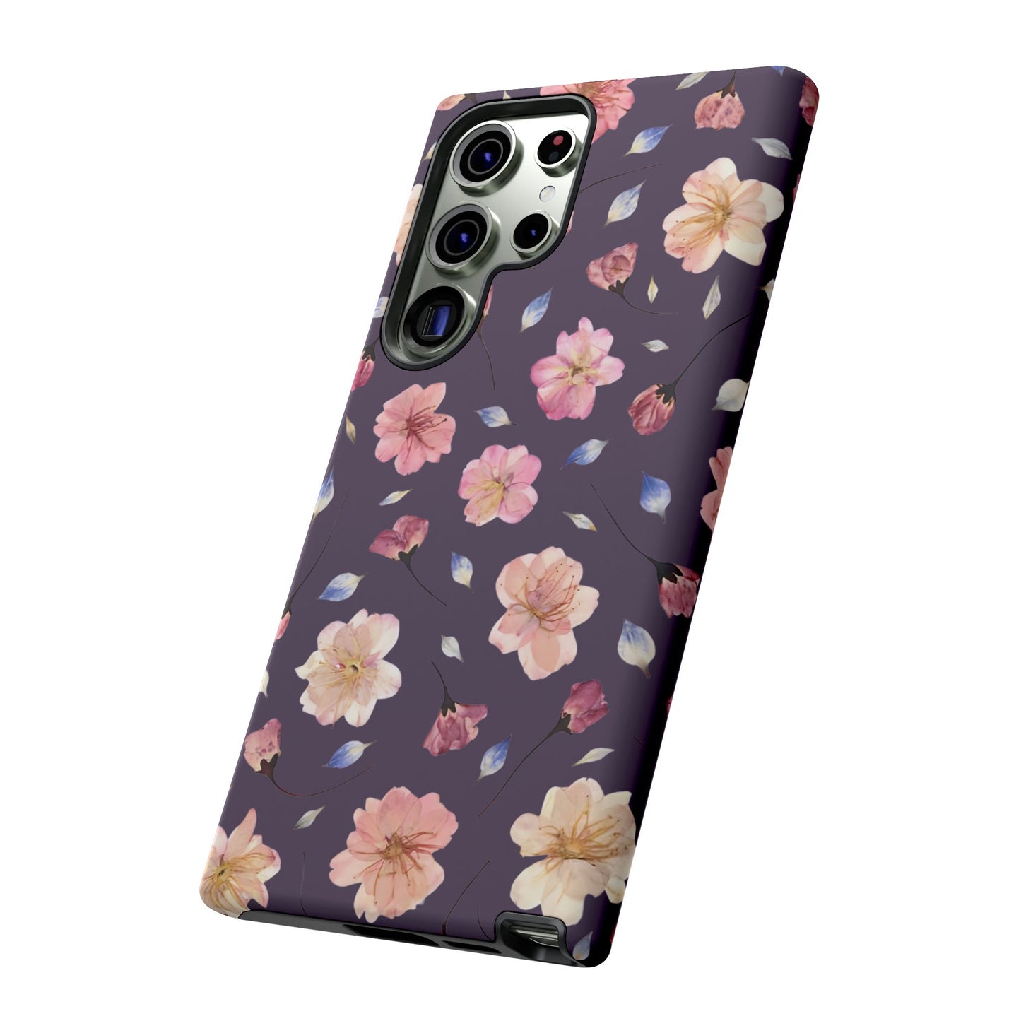 Coque Téléphone Samsung, iPhone & Google Pixel Renforcée Mate – Design Floral Fleurs de Cerisier sur Fond Couleur Prune | Protection Antichoc | Idée Cadeau Femme