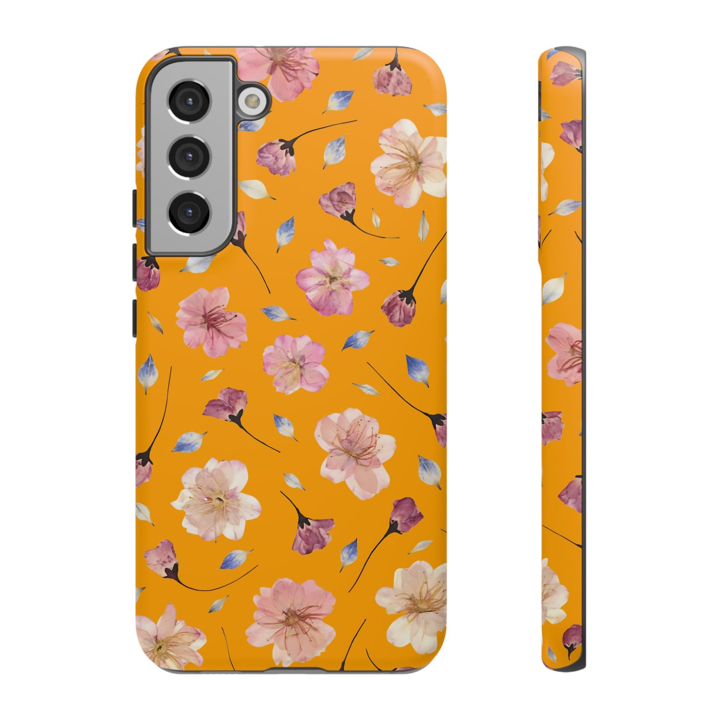 Coque Téléphone Samsung, iPhone & Google Pixel Renforcée Mate – Design Floral Fleurs de Cerisier sur Fond Couleur Curcuma| Protection Antichoc | Idée Cadeau Femme