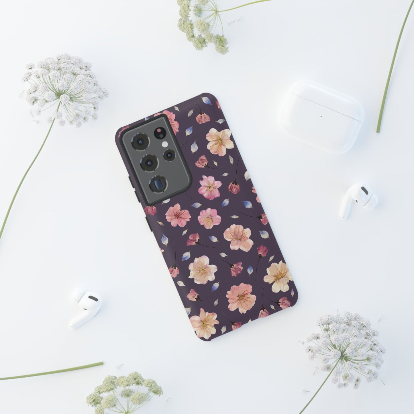 Coque Téléphone Samsung, iPhone & Google Pixel Renforcée Mate – Design Floral Fleurs de Cerisier sur Fond Couleur Prune | Protection Antichoc | Idée Cadeau Femme