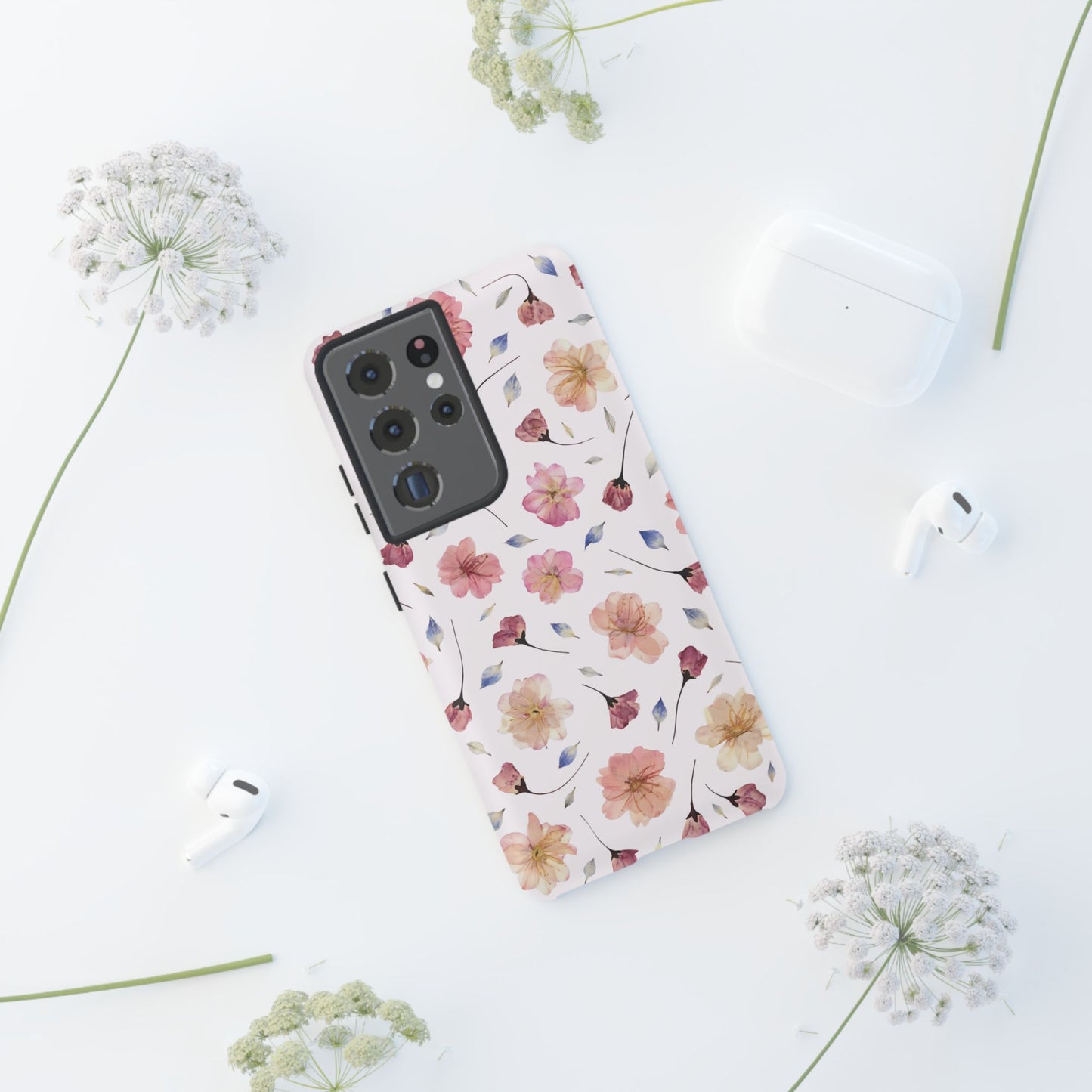 Coque Téléphone Samsung, iPhone & Google Pixel Renforcée Mate – Design Floral Fleurs de Cerisier sur Fond Blanc Poudré | Protection Antichoc | Idée Cadeau Femme