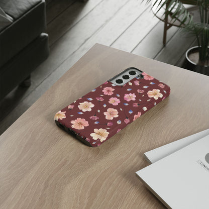 Coque Téléphone Samsung, iPhone & Google Pixel Renforcée Mate – Design Floral Fleurs de Cerisier sur Fond Bordeaux | Protection Antichoc | Idée Cadeau Pour Elle