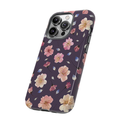 Coque Téléphone Samsung, iPhone & Google Pixel Renforcée Mate – Design Floral Fleurs de Cerisier sur Fond Couleur Prune | Protection Antichoc | Idée Cadeau Femme