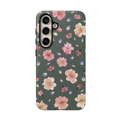 Coque Téléphone Samsung, iPhone & Google Pixel Renforcée Mate – Design Floral Fleurs de Cerisier sur Fond Verte Minéral | Protection Antichoc | Idée Cadeau Femme