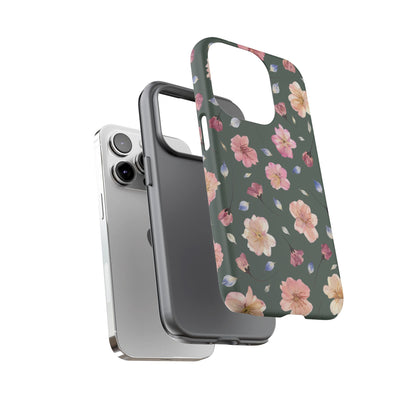 Coque Téléphone Samsung, iPhone & Google Pixel Renforcée Mate – Design Floral Fleurs de Cerisier sur Fond Verte Minéral | Protection Antichoc | Idée Cadeau Femme