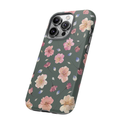 Coque Téléphone Samsung, iPhone & Google Pixel Renforcée Mate – Design Floral Fleurs de Cerisier sur Fond Verte Minéral | Protection Antichoc | Idée Cadeau Femme