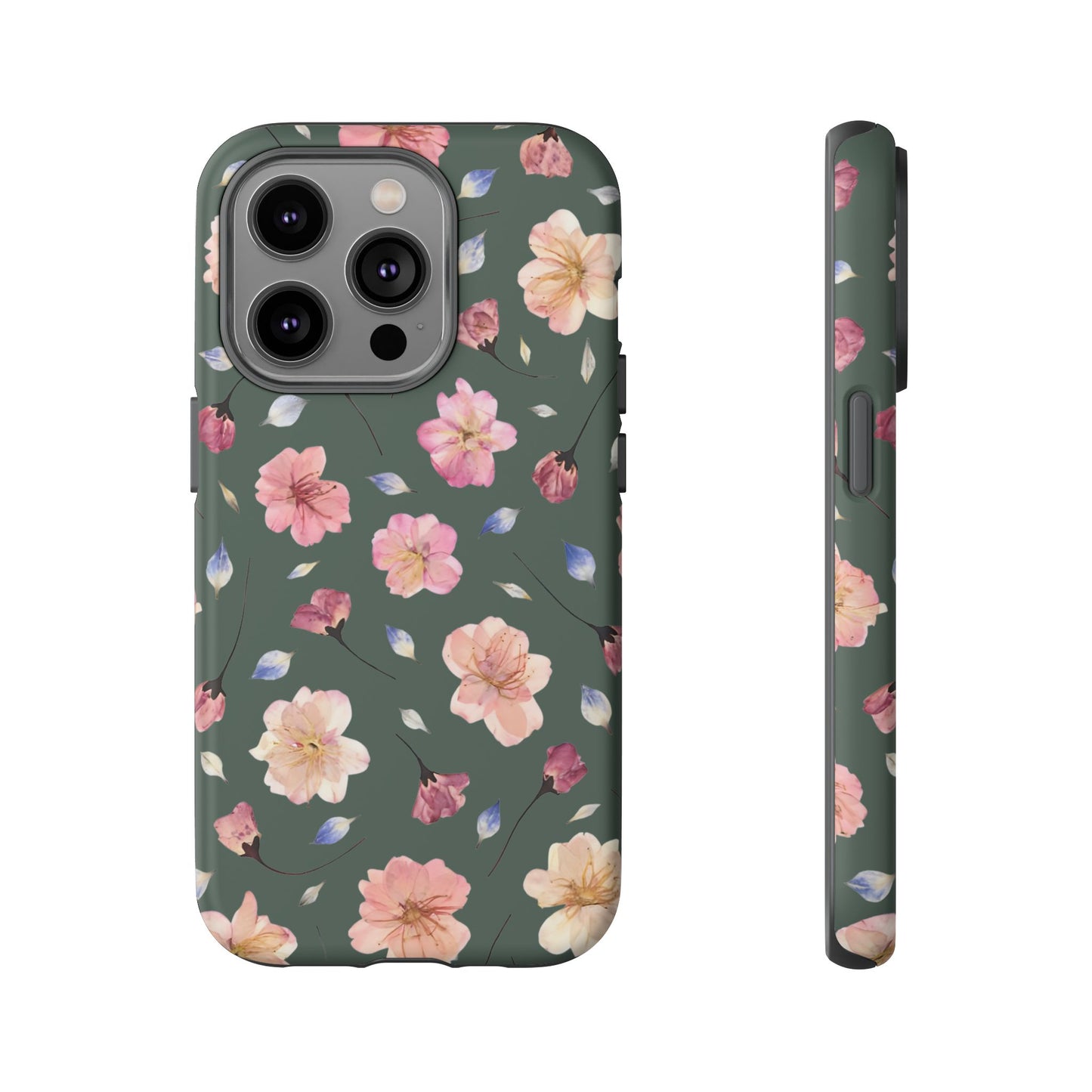 Coque Téléphone Samsung, iPhone & Google Pixel Renforcée Mate – Design Floral Fleurs de Cerisier sur Fond Verte Minéral | Protection Antichoc | Idée Cadeau Femme