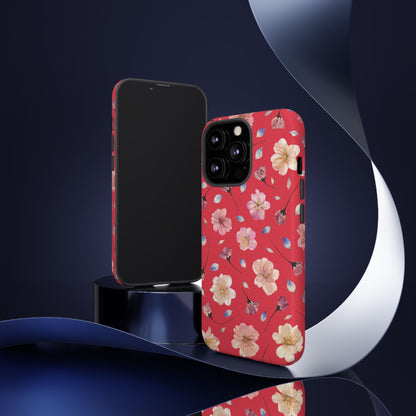 Coque Téléphone Samsung, iPhone & Google Pixel Renforcée Mate – Design Floral Fleurs de Cerisier sur Fond Rouge Féminin | Protection Antichoc | Idée Cadeau Femme
