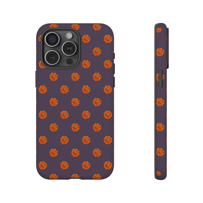 Coque Téléphone Samsung, iPhone & Google Pixel Renforcée Mate – Design Floral Epuré Fleurs de Cosmos Orange sur Fond Couleur Prune | Protection Antichoc | Idée Cadeau Femme