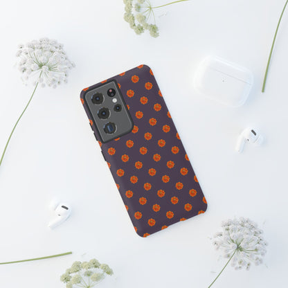 Coque Téléphone Samsung, iPhone & Google Pixel Renforcée Mate – Design Floral Epuré Fleurs de Cosmos Orange sur Fond Couleur Prune | Protection Antichoc | Idée Cadeau Femme