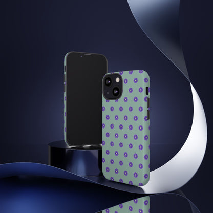 Coque Téléphone Samsung, iPhone & Google Pixel Renforcée Mate – Design Floral Epuré Fleurs de Primevère sur Fond Vert Eucalyptus | Protection Antichoc | Idée Cadeau Anniverssaire