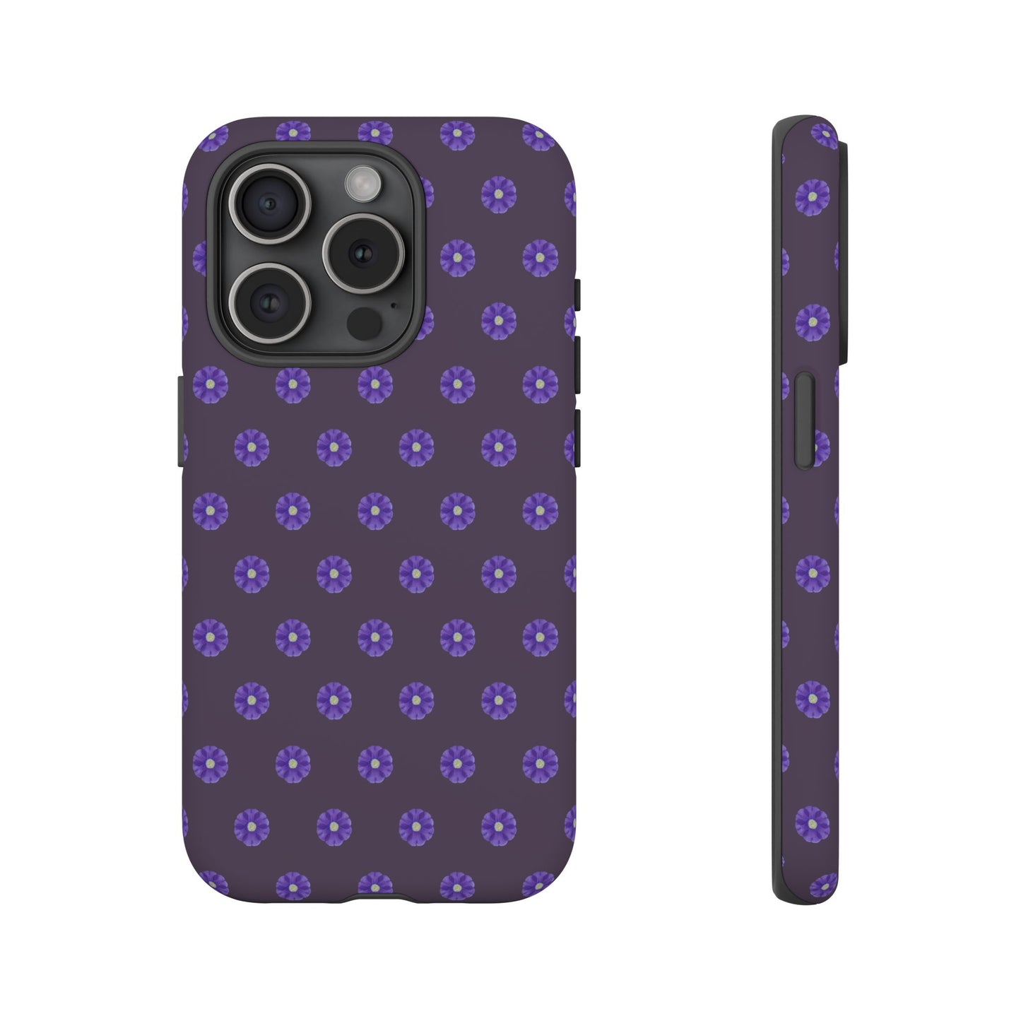 Coque Téléphone Samsung, iPhone & Google Pixel Renforcée Mate – Design Floral Epuré Fleurs de Primevère sur Fond Couleur Prune| Protection Antichoc | Idée Cadeau Femme