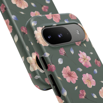 Coque Téléphone Samsung, iPhone & Google Pixel Renforcée Mate – Design Floral Fleurs de Cerisier sur Fond Verte Minéral | Protection Antichoc | Idée Cadeau Femme
