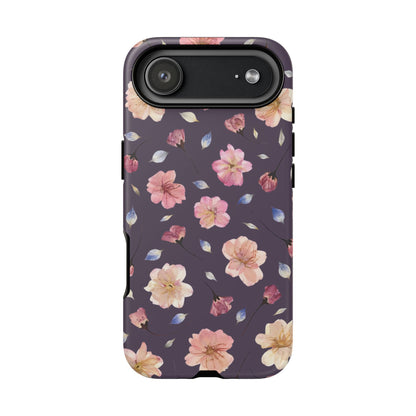 Coque Téléphone Samsung, iPhone & Google Pixel Renforcée Mate – Design Floral Fleurs de Cerisier sur Fond Couleur Prune | Protection Antichoc | Idée Cadeau Femme
