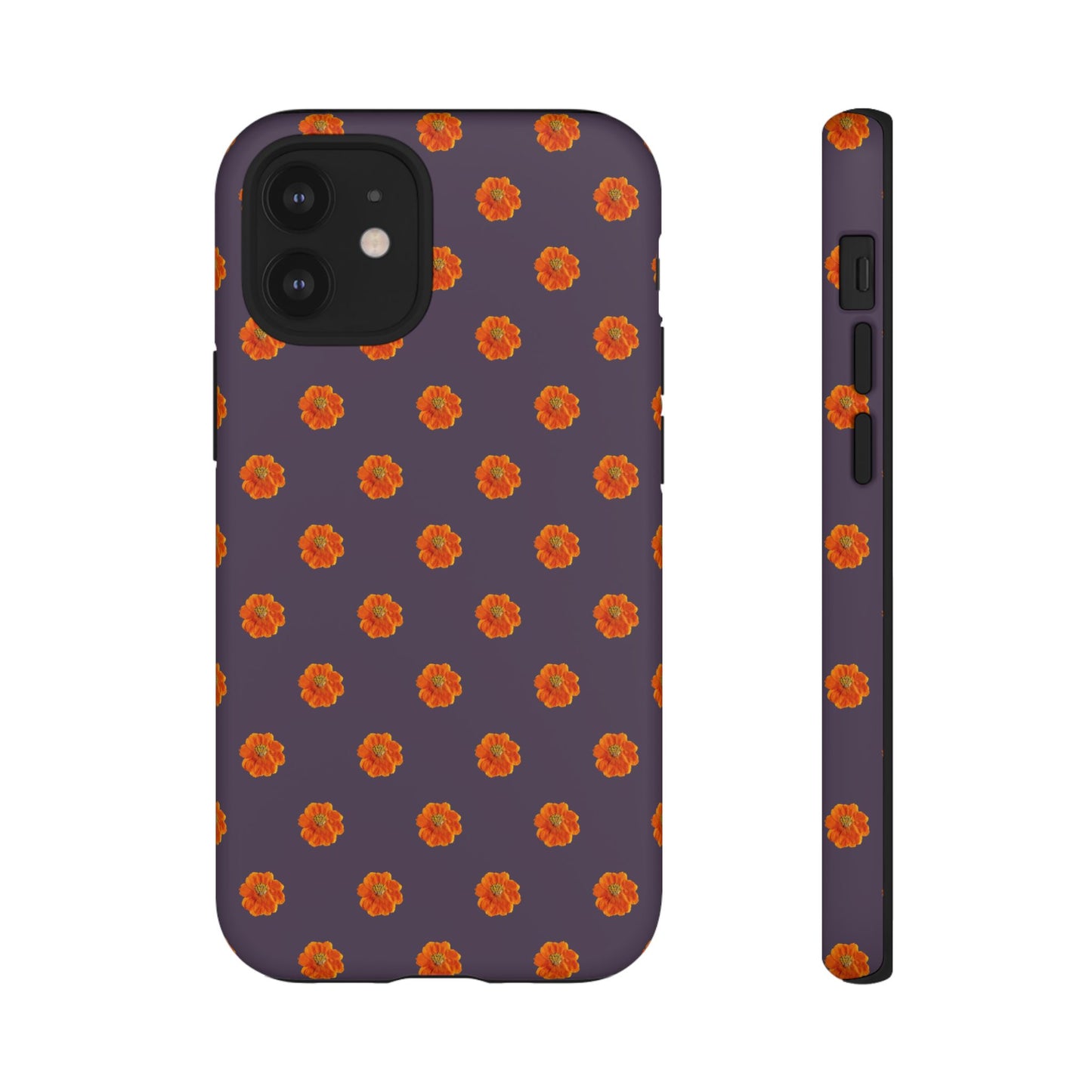 Coque Téléphone Samsung, iPhone & Google Pixel Renforcée Mate – Design Floral Epuré Fleurs de Cosmos Orange sur Fond Couleur Prune | Protection Antichoc | Idée Cadeau Femme
