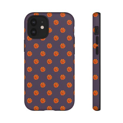 Coque Téléphone Samsung, iPhone & Google Pixel Renforcée Mate – Design Floral Epuré Fleurs de Cosmos Orange sur Fond Couleur Prune | Protection Antichoc | Idée Cadeau Femme