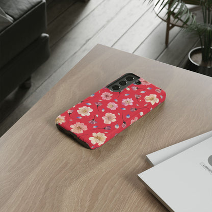 Coque Téléphone Samsung, iPhone & Google Pixel Renforcée Mate – Design Floral Fleurs de Cerisier sur Fond Rouge Féminin | Protection Antichoc | Idée Cadeau Femme