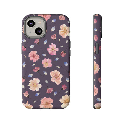 Coque Téléphone Samsung, iPhone & Google Pixel Renforcée Mate – Design Floral Fleurs de Cerisier sur Fond Couleur Prune | Protection Antichoc | Idée Cadeau Femme