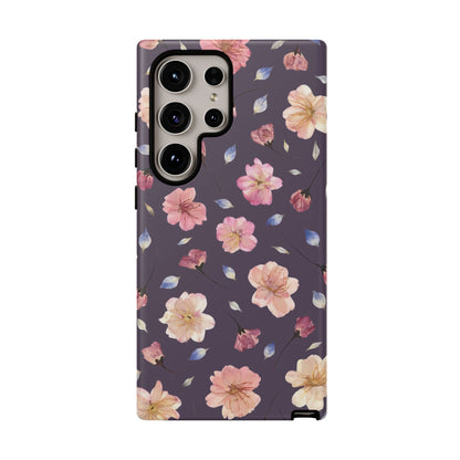 Coque Téléphone Samsung, iPhone & Google Pixel Renforcée Mate – Design Floral Fleurs de Cerisier sur Fond Couleur Prune | Protection Antichoc | Idée Cadeau Femme