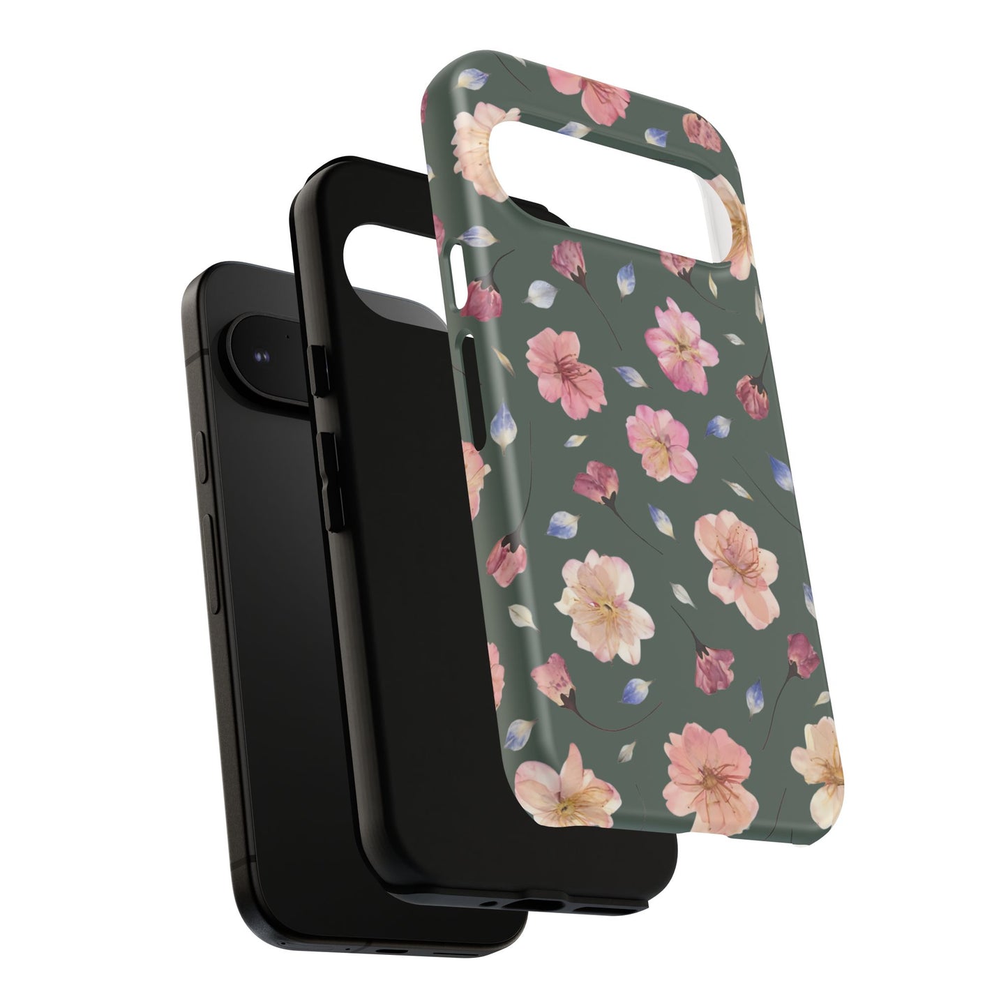 Coque Téléphone Samsung, iPhone & Google Pixel Renforcée Mate – Design Floral Fleurs de Cerisier sur Fond Verte Minéral | Protection Antichoc | Idée Cadeau Femme