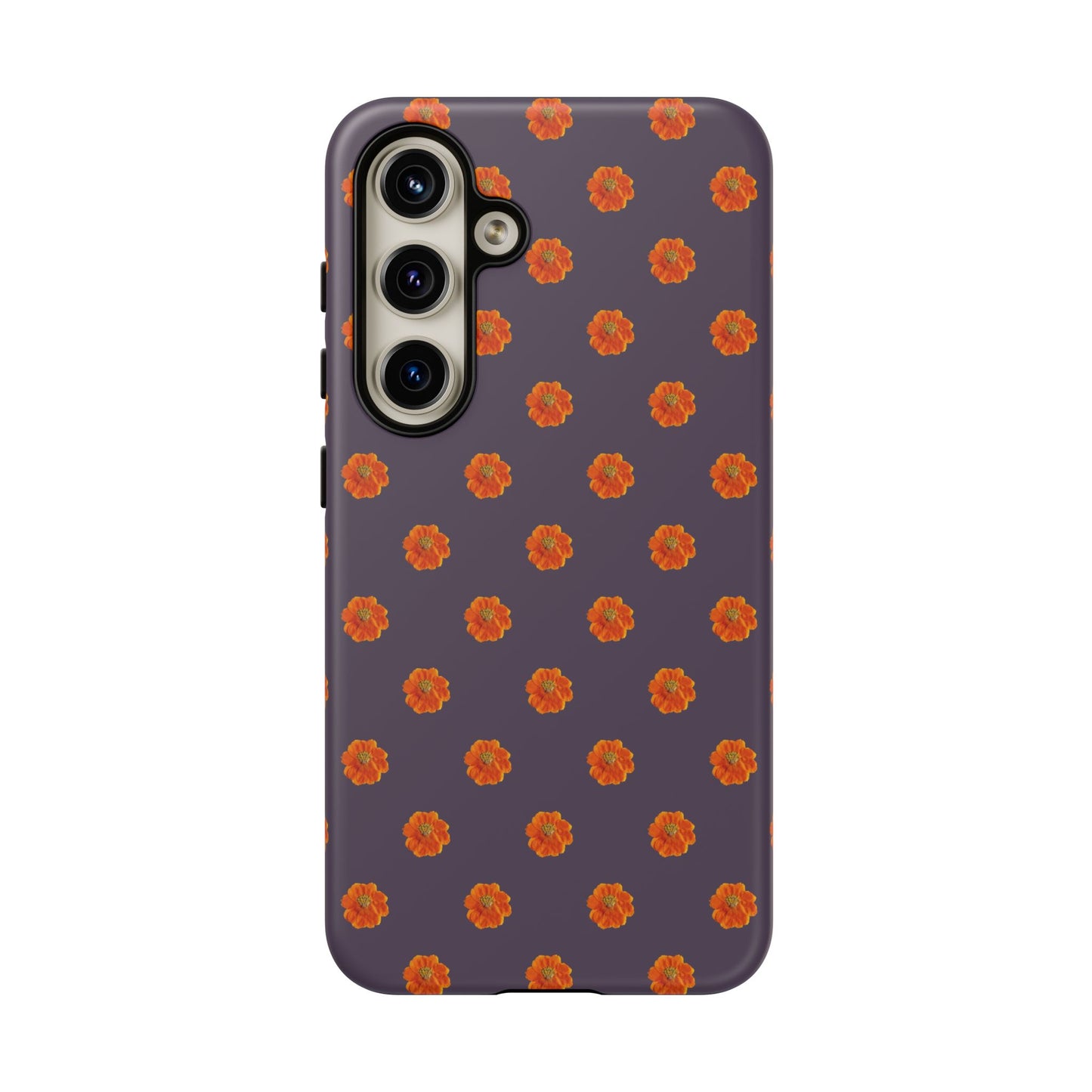 Coque Téléphone Samsung, iPhone & Google Pixel Renforcée Mate – Design Floral Epuré Fleurs de Cosmos Orange sur Fond Couleur Prune | Protection Antichoc | Idée Cadeau Femme