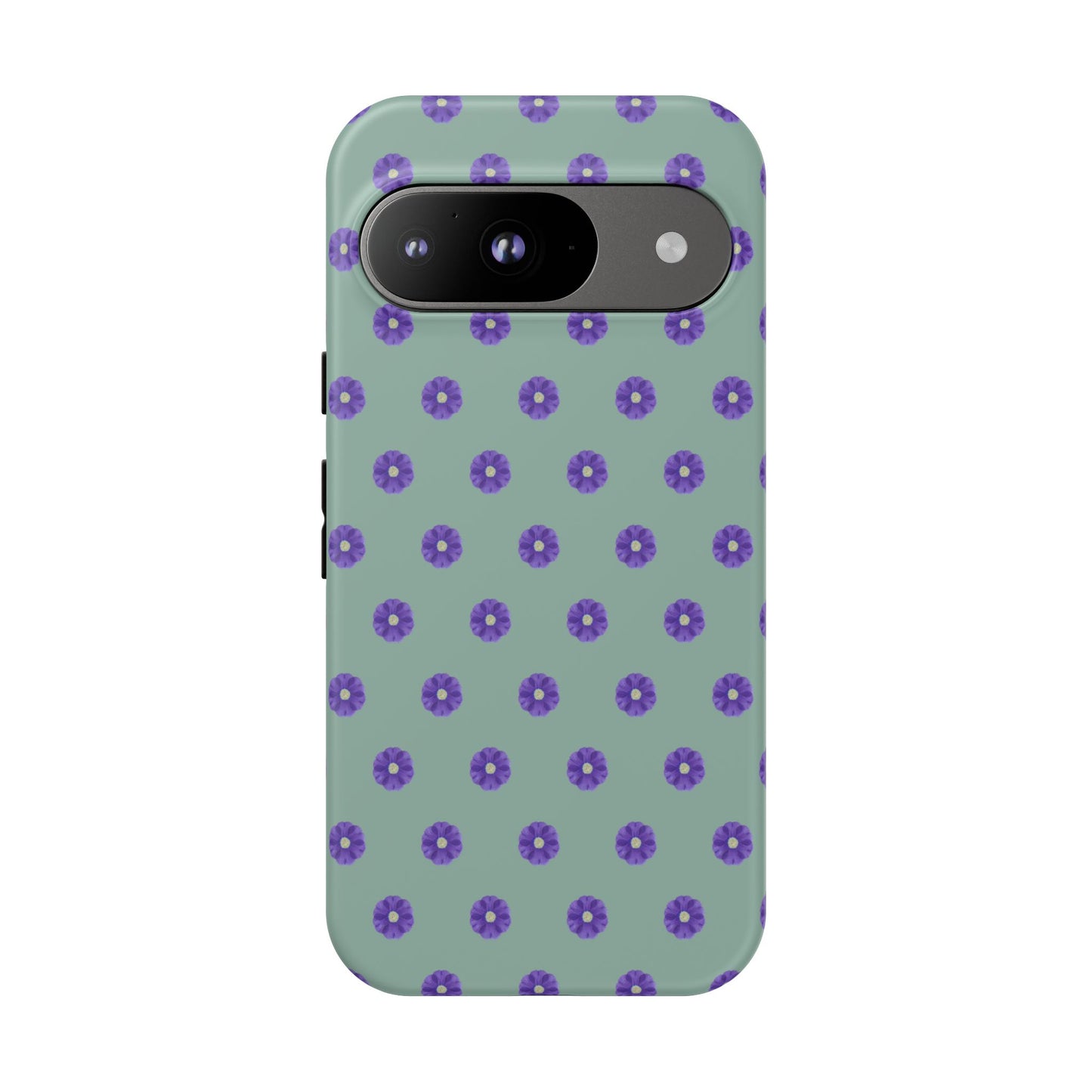 Coque Téléphone Samsung, iPhone & Google Pixel Renforcée Mate – Design Floral Epuré Fleurs de Primevère sur Fond Vert Eucalyptus | Protection Antichoc | Idée Cadeau Anniverssaire