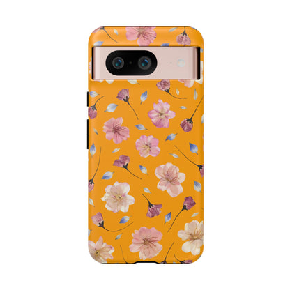 Coque Téléphone Samsung, iPhone & Google Pixel Renforcée Mate – Design Floral Fleurs de Cerisier sur Fond Couleur Curcuma| Protection Antichoc | Idée Cadeau Femme