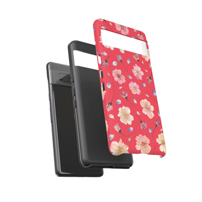 Coque Téléphone Samsung, iPhone & Google Pixel Renforcée Mate – Design Floral Fleurs de Cerisier sur Fond Rouge Féminin | Protection Antichoc | Idée Cadeau Femme