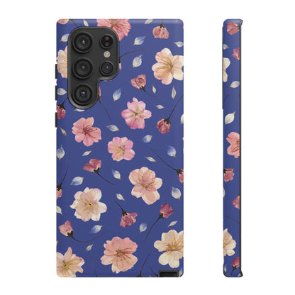 Coque Téléphone Samsung, iPhone & Google Pixel Renforcée Mate – Design Floral Fleurs de Cerisier sur Fond Bleu Encre | Protection Antichoc | Idée Cadeau Pour Elle