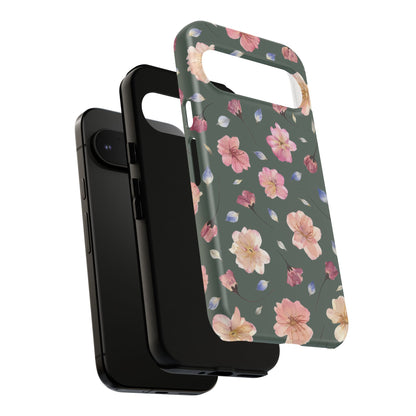 Coque Téléphone Samsung, iPhone & Google Pixel Renforcée Mate – Design Floral Fleurs de Cerisier sur Fond Verte Minéral | Protection Antichoc | Idée Cadeau Femme