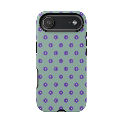 Coque Téléphone Samsung, iPhone & Google Pixel Renforcée Mate – Design Floral Epuré Fleurs de Primevère sur Fond Vert Eucalyptus | Protection Antichoc | Idée Cadeau Anniverssaire