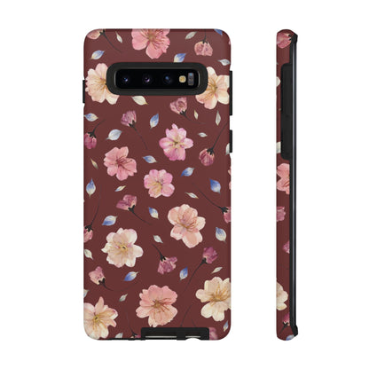 Coque Téléphone Samsung, iPhone & Google Pixel Renforcée Mate – Design Floral Fleurs de Cerisier sur Fond Bordeaux | Protection Antichoc | Idée Cadeau Pour Elle