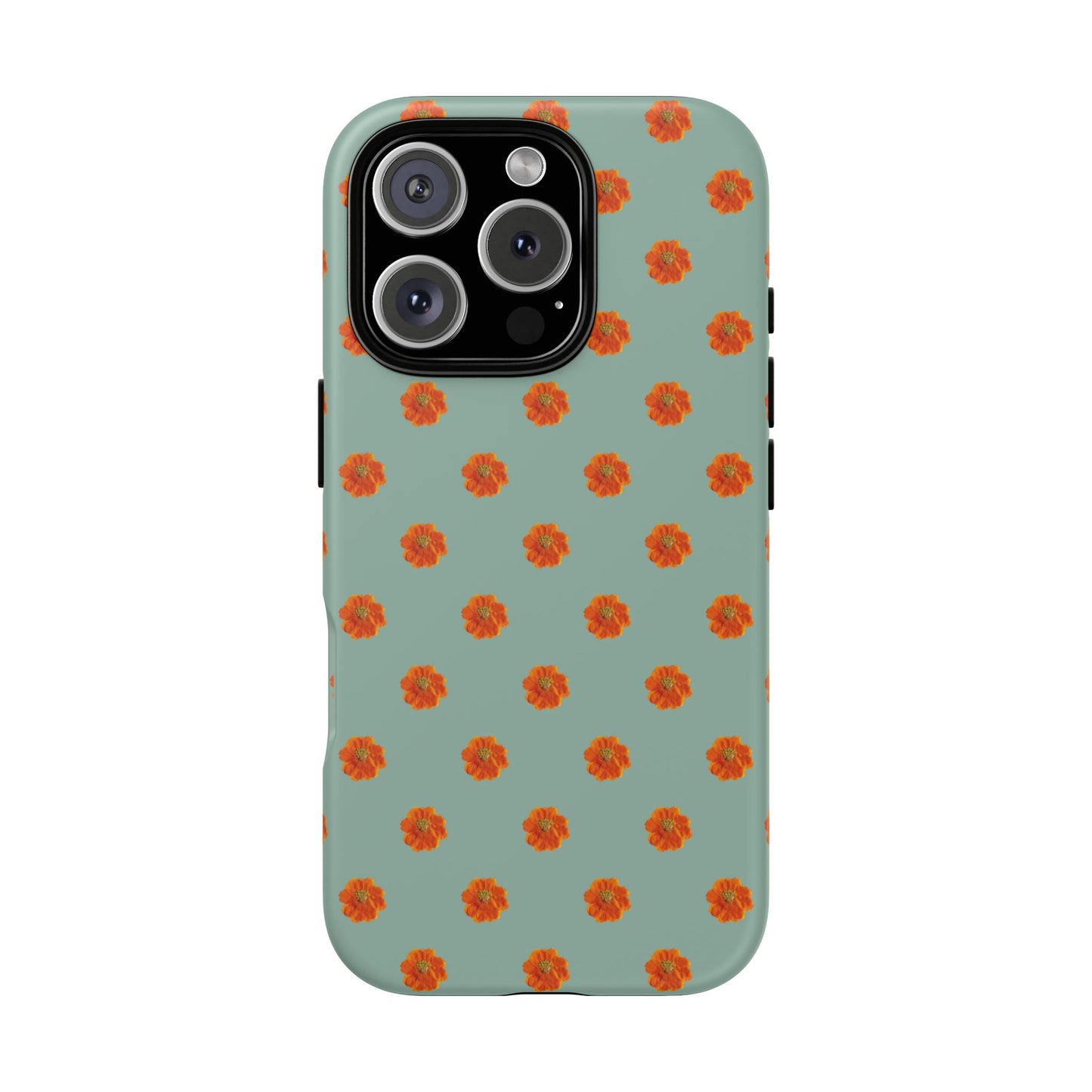 Coque Téléphone Samsung, iPhone & Google Pixel Renforcée Mate – Design Floral Epuré Fleurs de Cosmos Orange sur Fond Vert Eucalyptus | Protection Antichoc | Idée Cadeau Femme