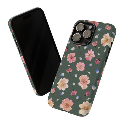 Coque Téléphone Samsung, iPhone & Google Pixel Renforcée Mate – Design Floral Fleurs de Cerisier sur Fond Verte Minéral | Protection Antichoc | Idée Cadeau Femme