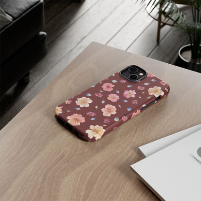 Coque Téléphone Samsung, iPhone & Google Pixel Renforcée Mate – Design Floral Fleurs de Cerisier sur Fond Bordeaux | Protection Antichoc | Idée Cadeau Pour Elle