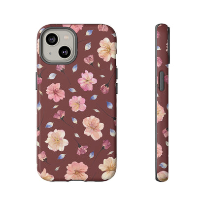 Coque Téléphone Samsung, iPhone & Google Pixel Renforcée Mate – Design Floral Fleurs de Cerisier sur Fond Bordeaux | Protection Antichoc | Idée Cadeau Pour Elle