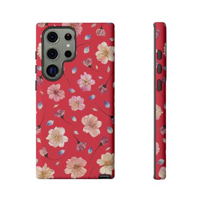 Coque Téléphone Samsung, iPhone & Google Pixel Renforcée Mate – Design Floral Fleurs de Cerisier sur Fond Rouge Féminin | Protection Antichoc | Idée Cadeau Femme