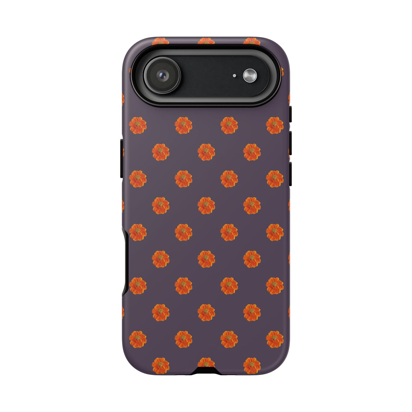 Coque Téléphone Samsung, iPhone & Google Pixel Renforcée Mate – Design Floral Epuré Fleurs de Cosmos Orange sur Fond Couleur Prune | Protection Antichoc | Idée Cadeau Femme