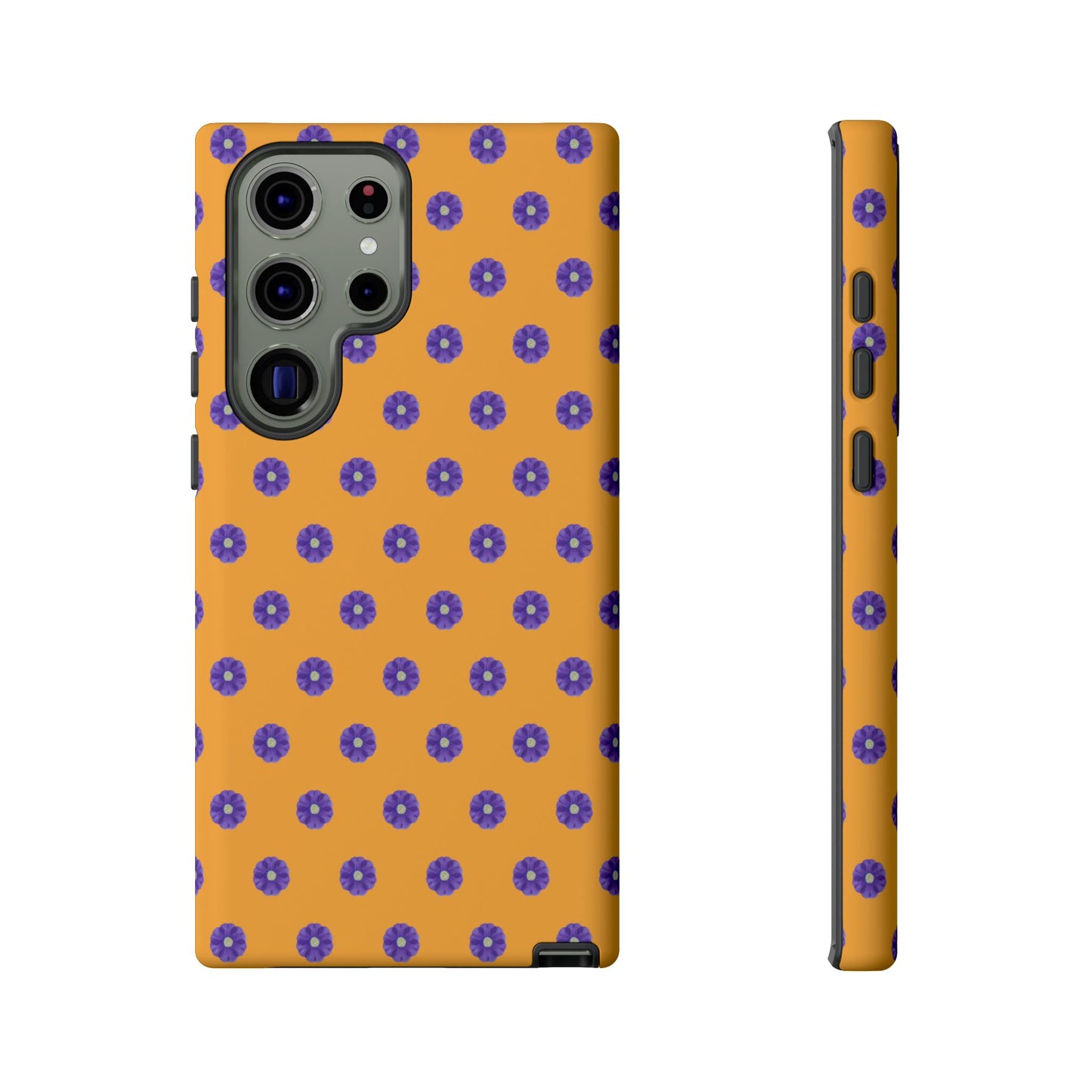 Coque Téléphone Samsung, iPhone & Google Pixel Renforcée Mate – Design Botanique Epuré Fleurs de Primevère sur Fond Ambre | Protection Antichoc | Idée Cadeau Femme