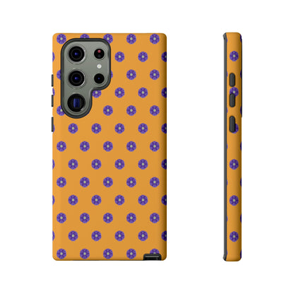 Coque Téléphone Samsung, iPhone & Google Pixel Renforcée Mate – Design Botanique Epuré Fleurs de Primevère sur Fond Ambre | Protection Antichoc | Idée Cadeau Femme